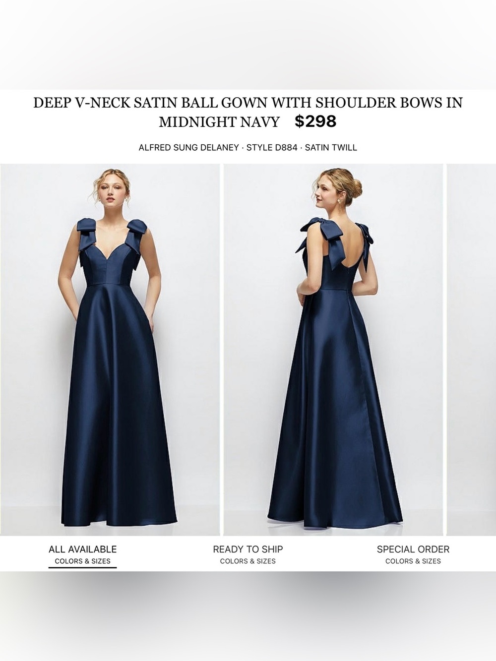 ALFRED SUNG Navy Satin V-Neck Maxi Gown with Shoulder Bows